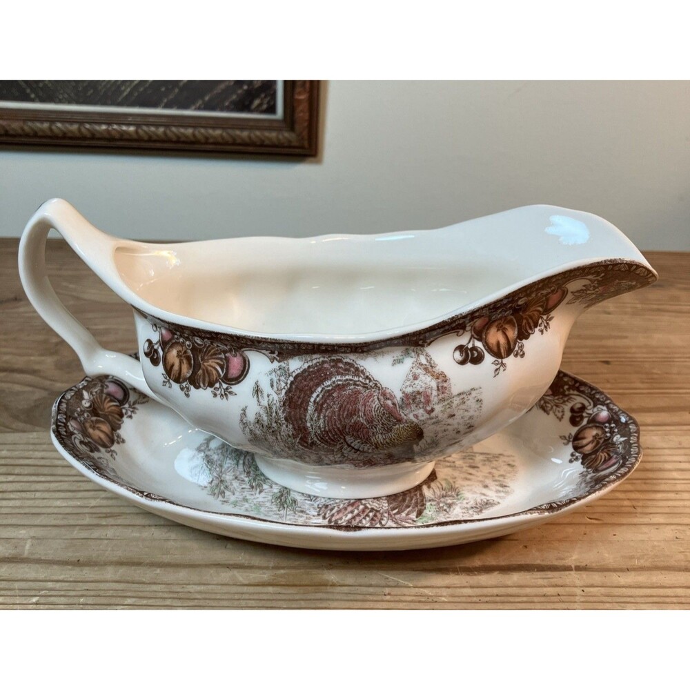 Johnson Brothers Autumn monarch Turkey Gravy Boat Sauce bowl w/plate NWT Sticker